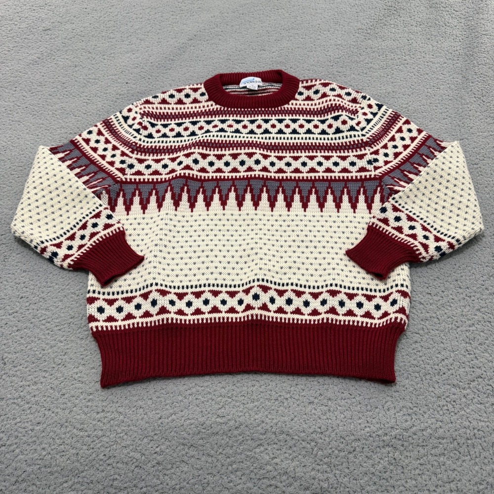 Vintage Snowdrift Sweater Mens Large Fair Isle Crewneck Burgundy Cream Acrylic
